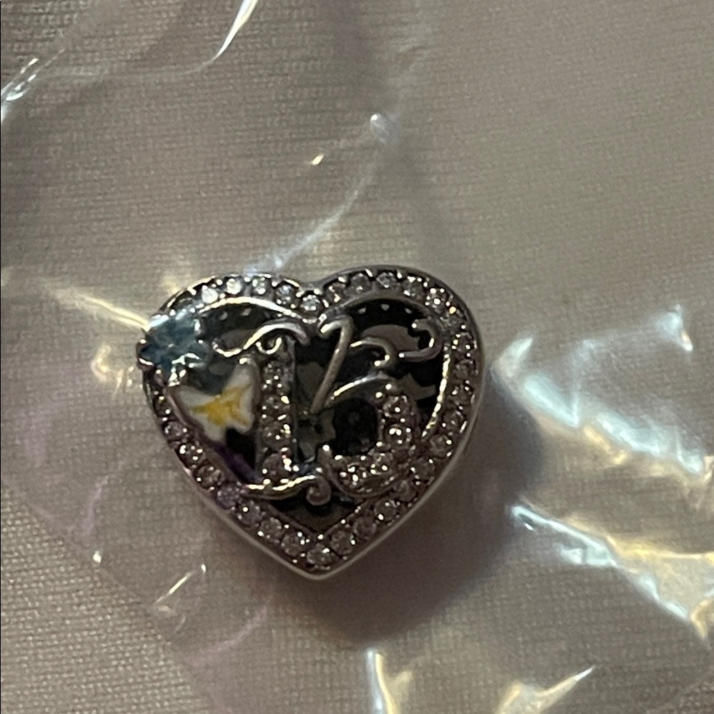 Heart-Shaped925 Sterling Silver Charm  “15” with Blue and Yellow Accents - Picture 2 of 2